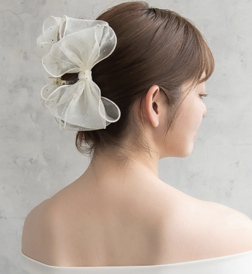 Kẹp tóc Osewaya ruy băng lớn với viền chấm bi lấp lánh 25BS0704